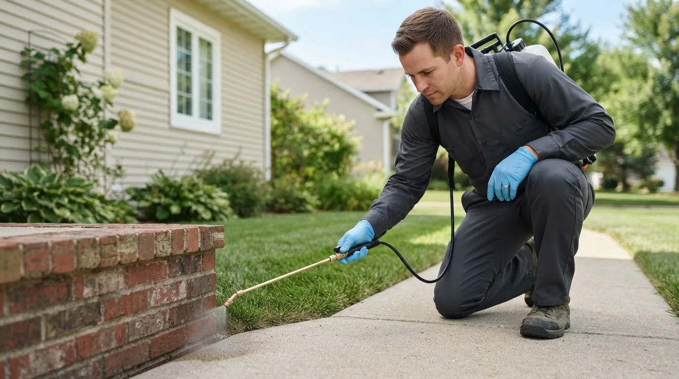 Pest control technician treating a home near Bristow, IA